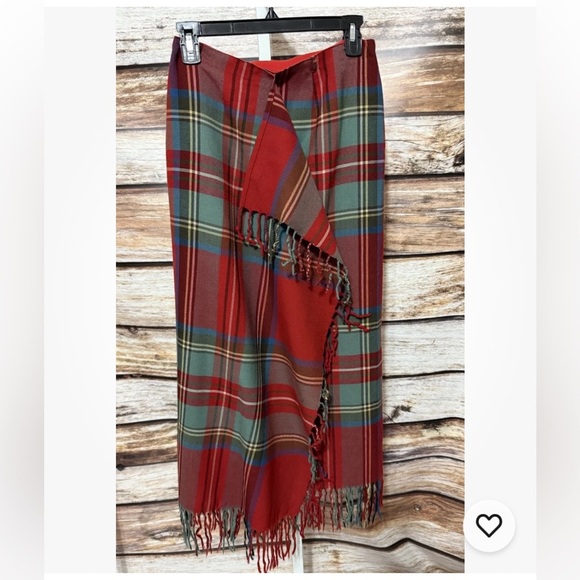 Vintage Ralph Lauren Plaid Wool Blanket Fringe Wrap Maxi Skirt - Picture 1 of 12